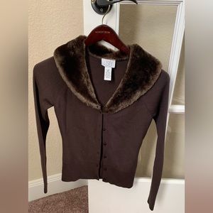 Excellent used condition, chocolate brown The Loft fur collar cardigan Xsmall